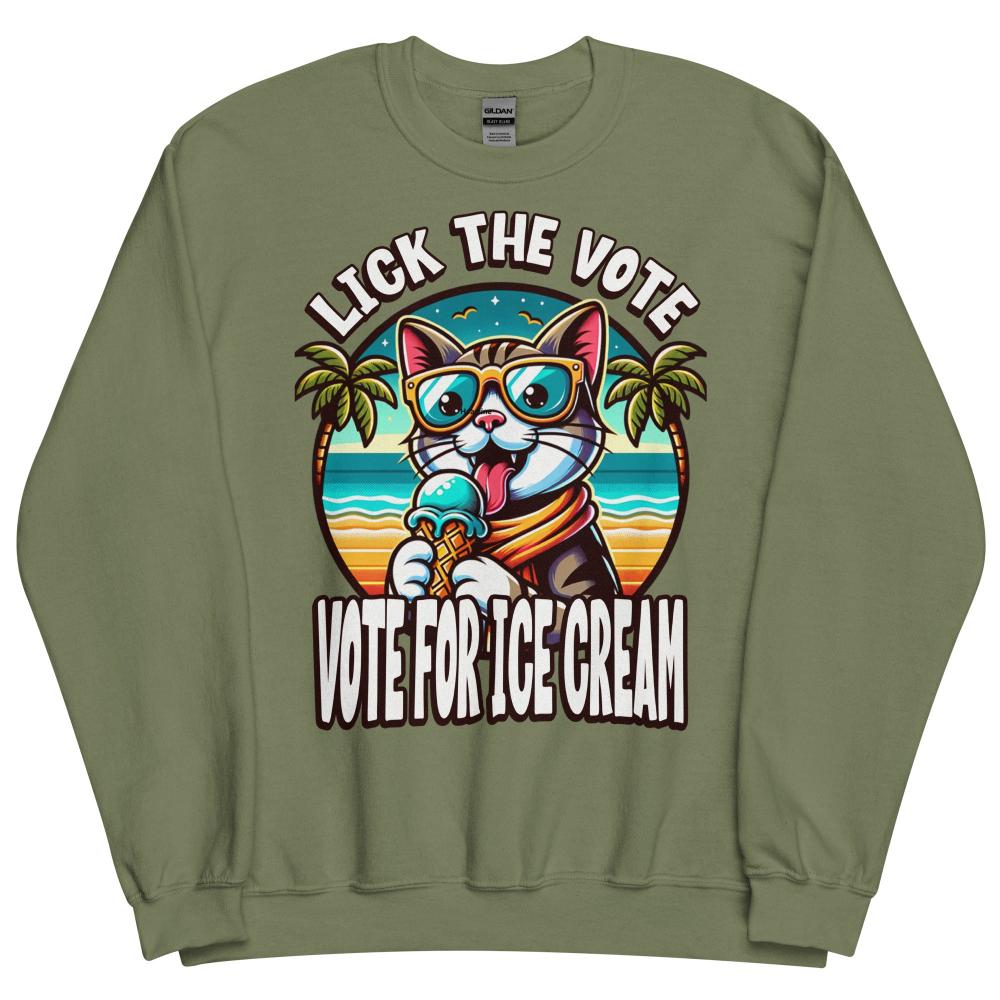 Lick The Vote Ice Cream Cat Sweatshirt - Military Green Color - https://ascensionemporium.net